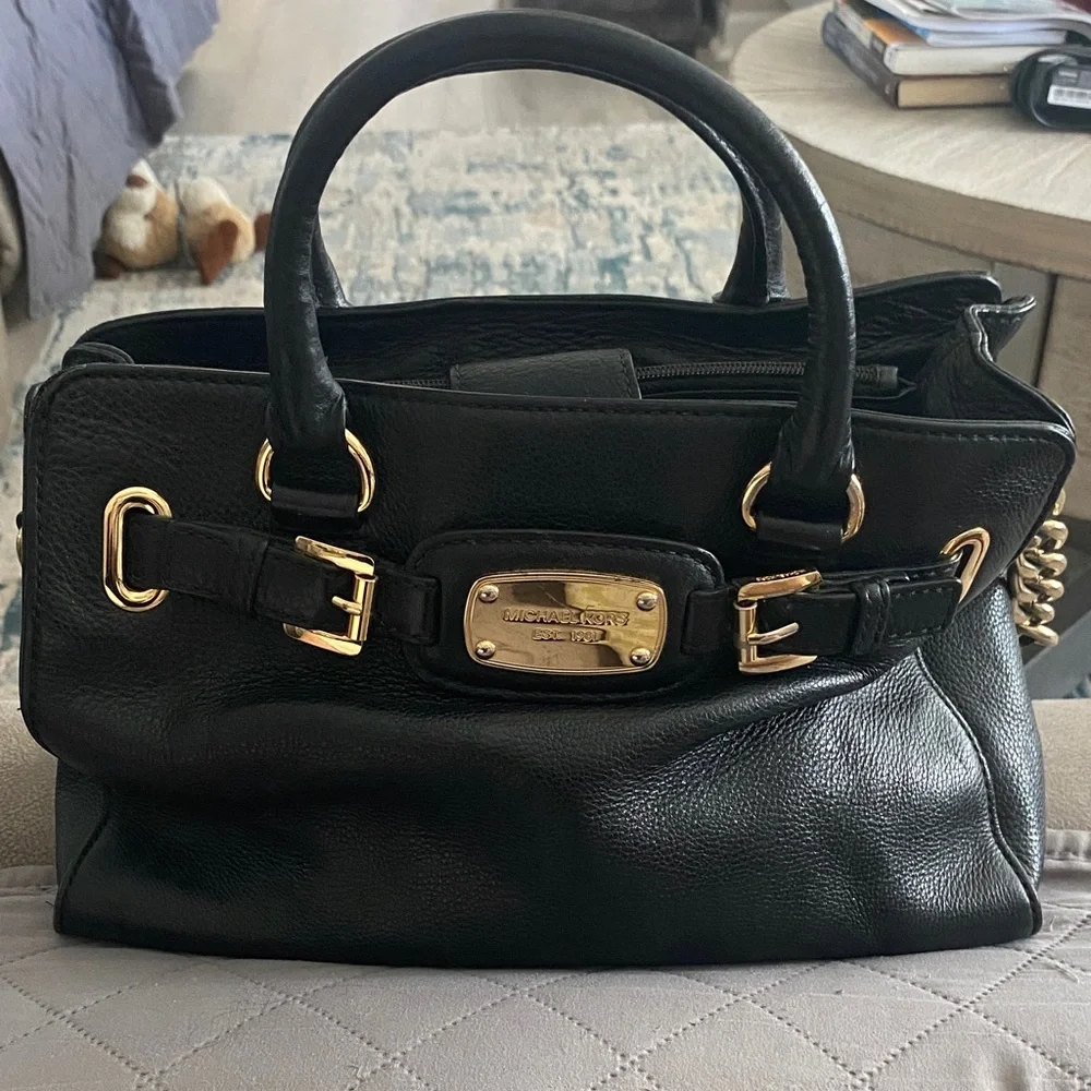 Michael Kors Black Leather Satchel with Gold Hardware